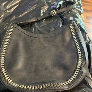 Black Leather Shoulder Bag with Chain Detail